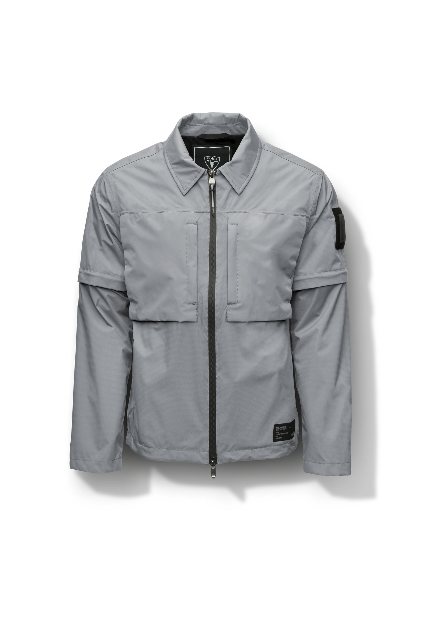 Thurlow Men's Performance Zip Off Sleeve Rain Shirt in hip length, convertible collar, patch chest zipper pockets, hidden in-seam pockets, zip off sleeves, centre front two-way zipper closure, in Concrete