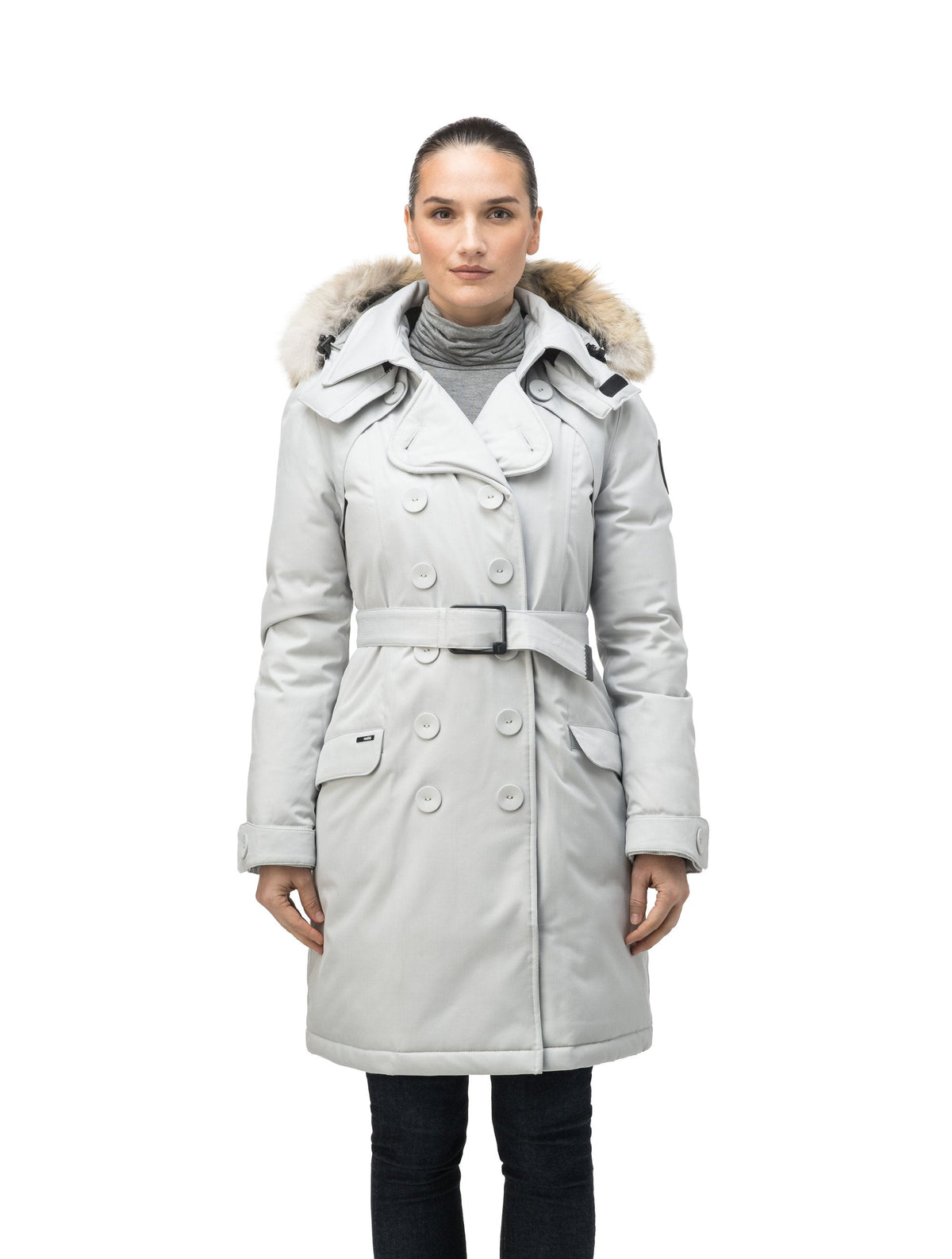 Women's down filled double breasted peacoat with a belted waist in Light Grey