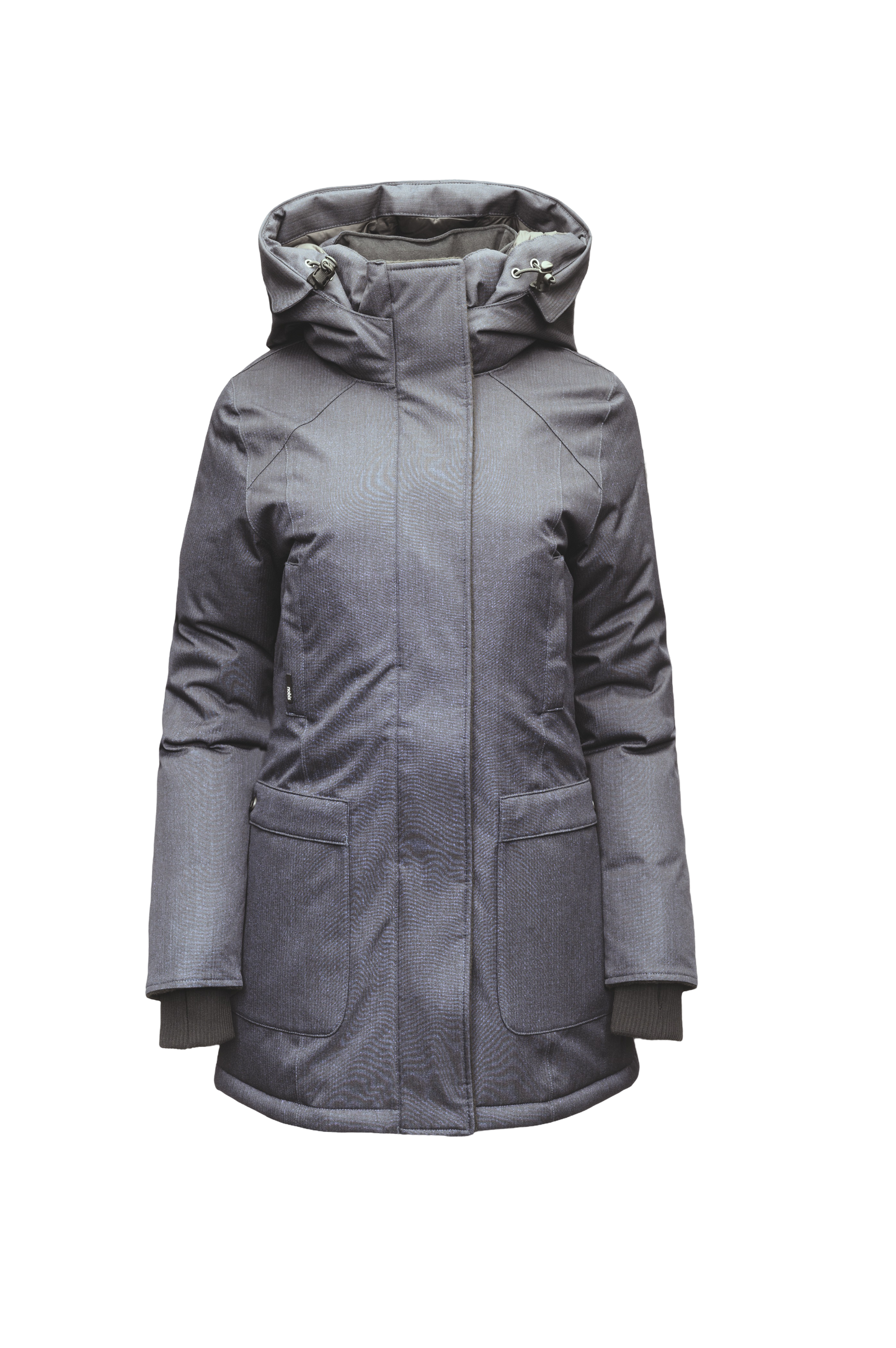 Carla Furless Ladies Parka in thigh length with Canadian Premium White Duck Down insulation, non-removable hood, centre-front zipper with magnetic closure wind flap, and four exterior pockets, in Steel Grey