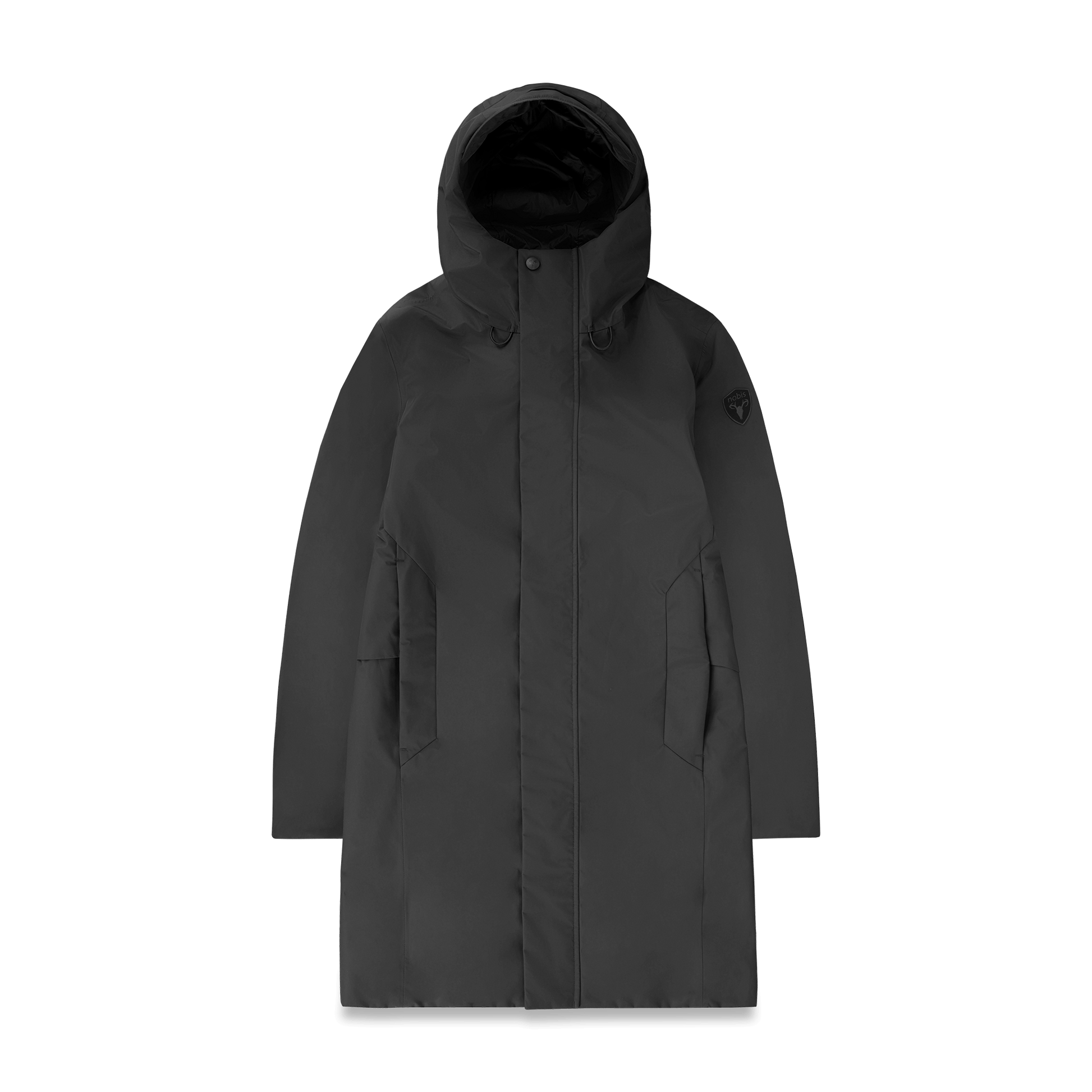 Upton long jacket in Black in 3-ply Micro Denier fabric with DWR coating, featuring a two-way zipper with magnetic closure, hidden mesh ventilation, and underarm vents. Designed for weather protection and tailored comfort.