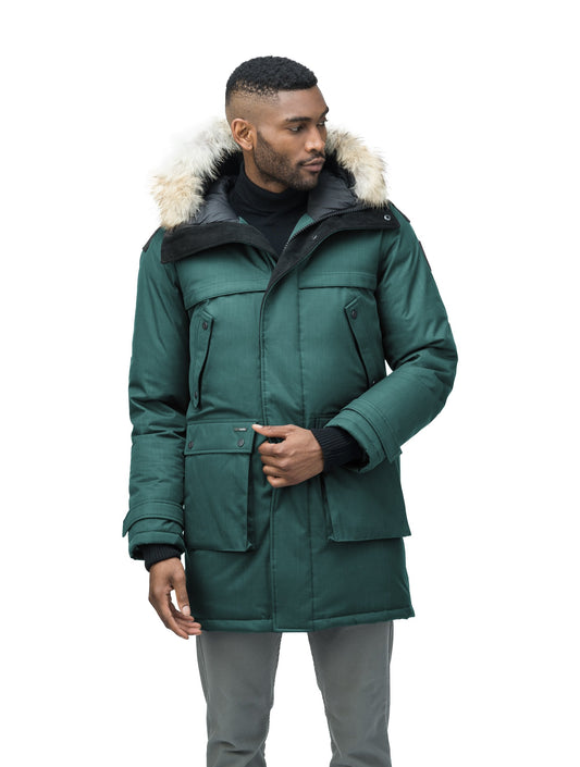 Men's Best Selling Parka the Yatesy is a down filled jacket with a zipper closure and magnetic placket in Forest + Forest
