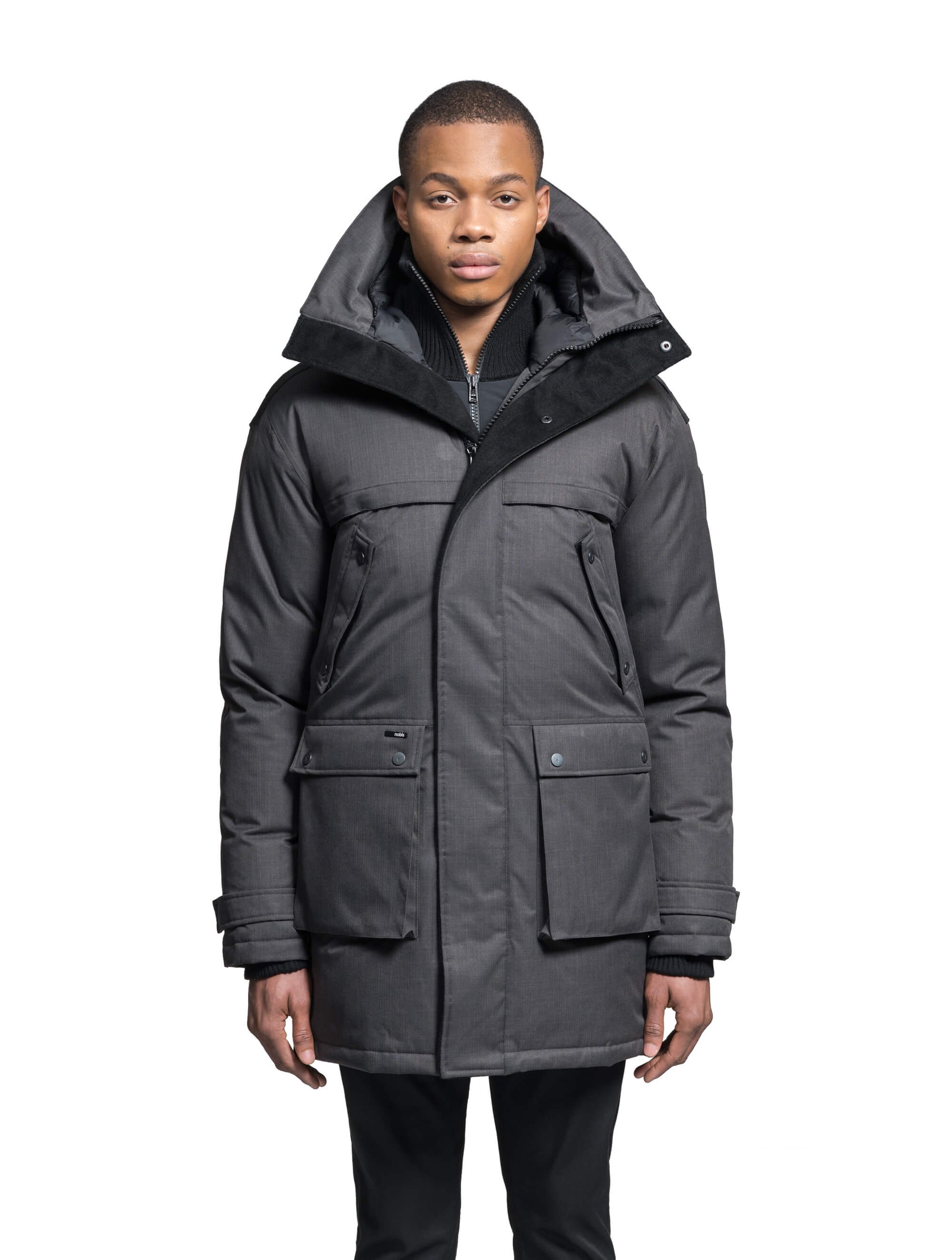 Men's Best Selling Parka the Yatesy is a down filled jacket with a zipper closure and magnetic placket in Steel Grey