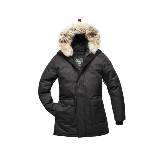 Men's slim fitting waist length parka with removable fur trim on the hood and two waist patch pockets in CH Black + CH Black