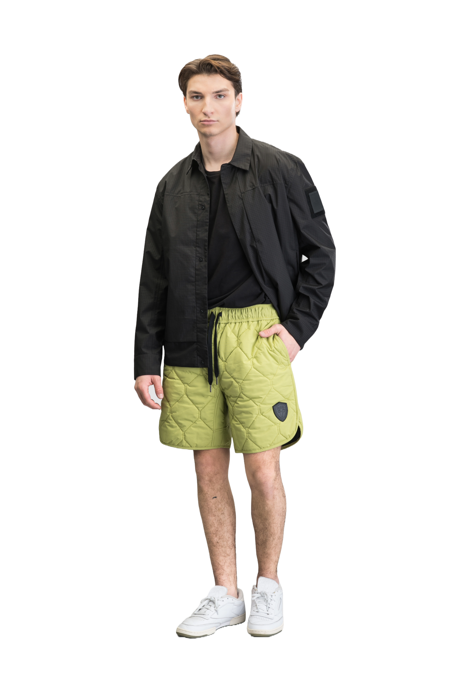 Curt Men's Performance Quilted Shorts at knee length, premium stretch nylon and stretch ripstop fabricaiton, premium 4-way stretch, water resistant Primaloft Gold Insulation Active+, side seam pockets, exteriror back pocket, elasticized waist with drawcords, and notch detailing at side seams, in Dark Citron