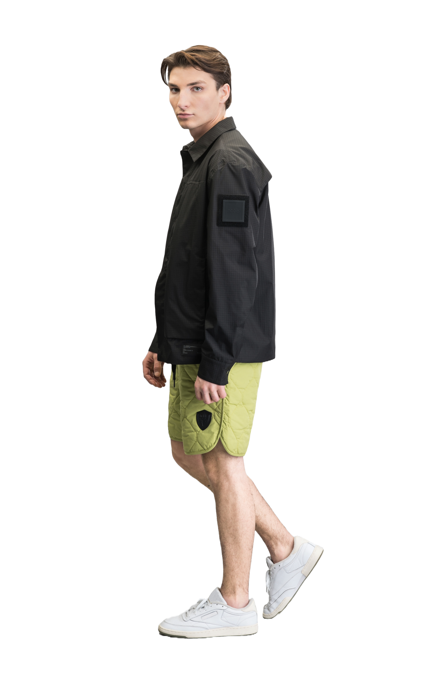 Curt Men's Performance Quilted Shorts at knee length, premium stretch nylon and stretch ripstop fabricaiton, premium 4-way stretch, water resistant Primaloft Gold Insulation Active+, side seam pockets, exteriror back pocket, elasticized waist with drawcords, and notch detailing at side seams, in Dark Citron