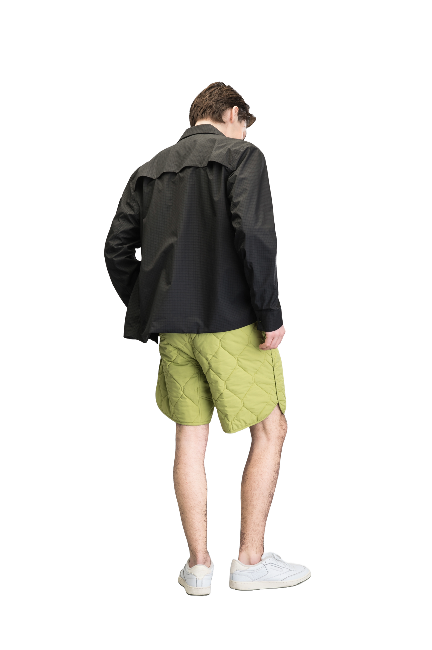 Curt Men's Performance Quilted Shorts at knee length, premium stretch nylon and stretch ripstop fabricaiton, premium 4-way stretch, water resistant Primaloft Gold Insulation Active+, side seam pockets, exteriror back pocket, elasticized waist with drawcords, and notch detailing at side seams, in Dark Citron