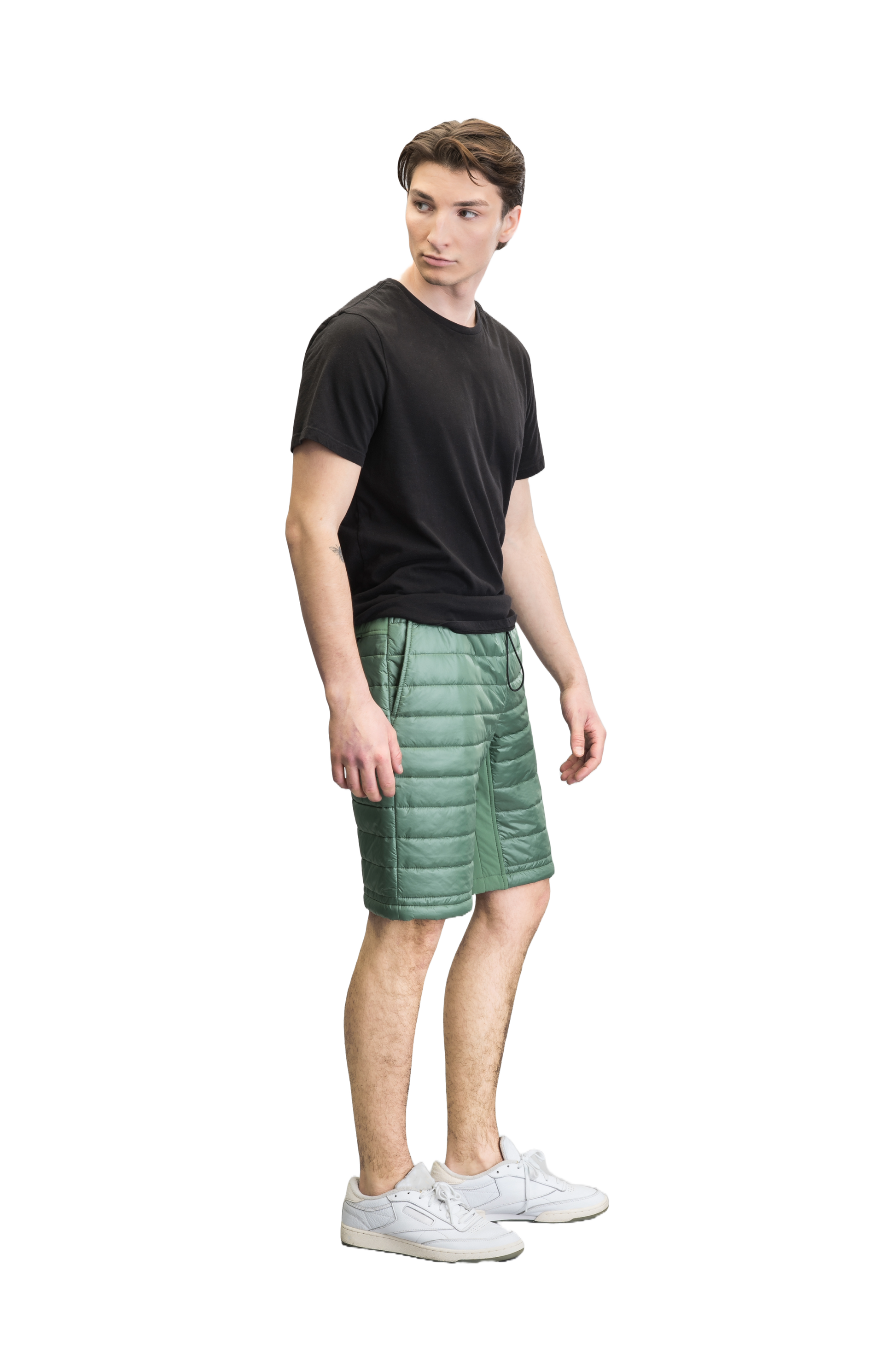 Decker Men's Performance Quilted Shorts in knee length, premium cire technical nylon taffeta and stretch nylon fabrication, premium 4-way stretch, water-resistant Primaloft Gold Insulation Active+, side seam pockets, invisible zipper back pokcet, elasticized waist with drawcords, and hidden drawcord at leg hems, in Comfrey