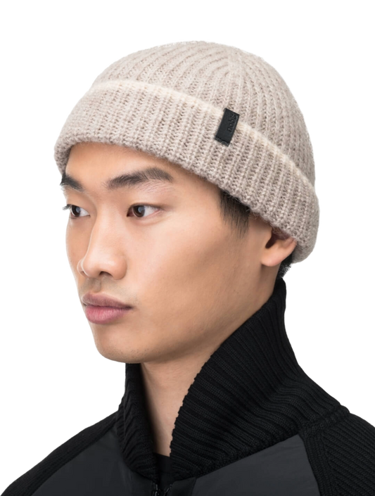 Dres Unisex 6-Dart Toque beanie in superfine alpaca and merino wool, contrast colour knit along cuff, and Nobis embossed leather label at the cuff, in Wheat