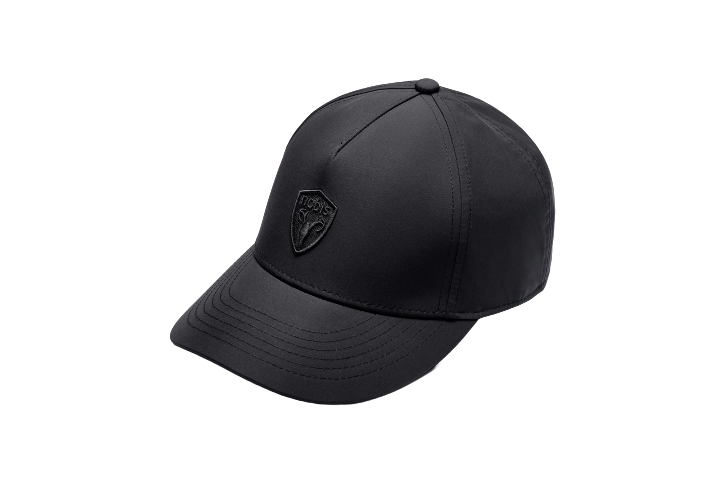 Satine Adjustable Cap in 5-panel construction, mid height crown, curved peak brim, and adjustable strap closure, in Black