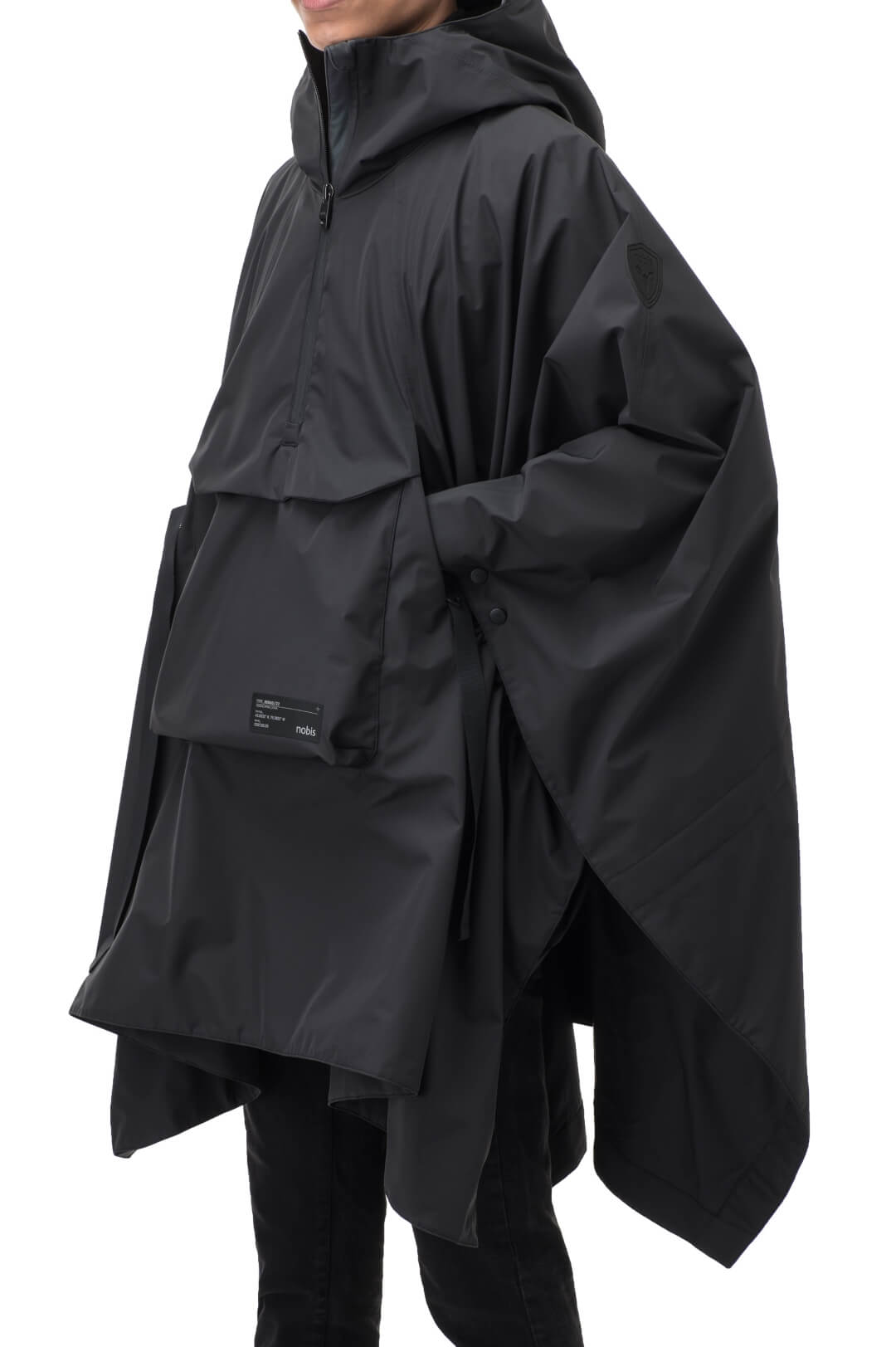 Hydra Unisex Performance Poncho in thigh length, non-removable hood, vertical half-zipper along centre front collar, hidden side-entry waist zipper pockets, adjustable webbing straps and snap closure cuffs, and packable to front kangaroo pocket with flap opening, in Black