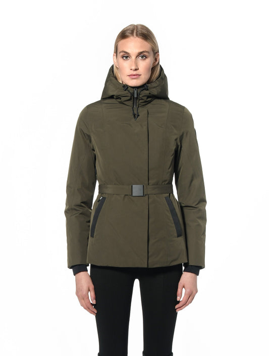 Ladies hip length down-filled parka with non-removable hood and adjustable belt in Fatigue