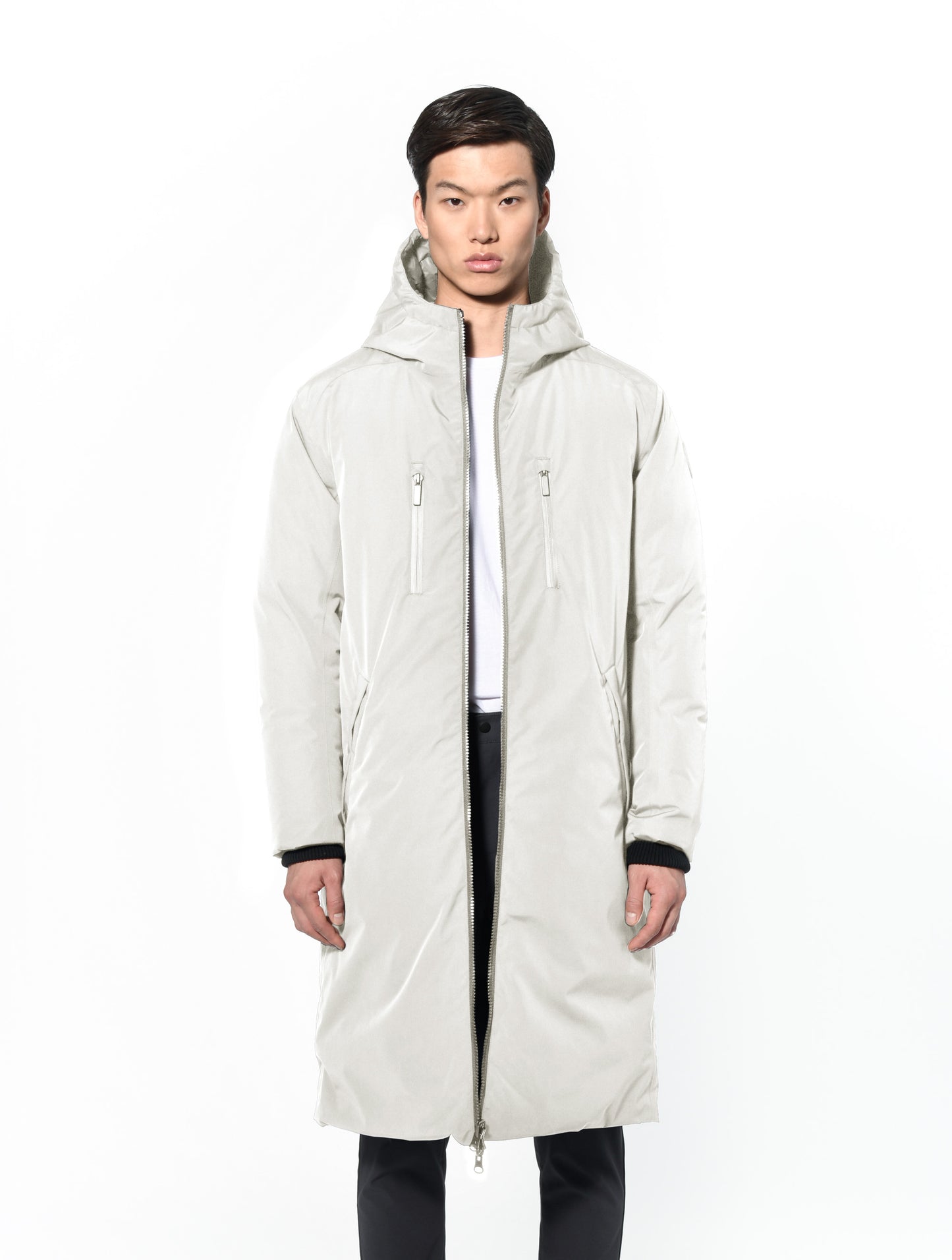 Men's knee length reversible down-filled parka with non-removable hood in Chalk