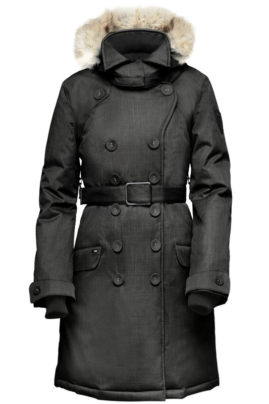 Women's down filled double breasted peacoat with a belted waist in Black