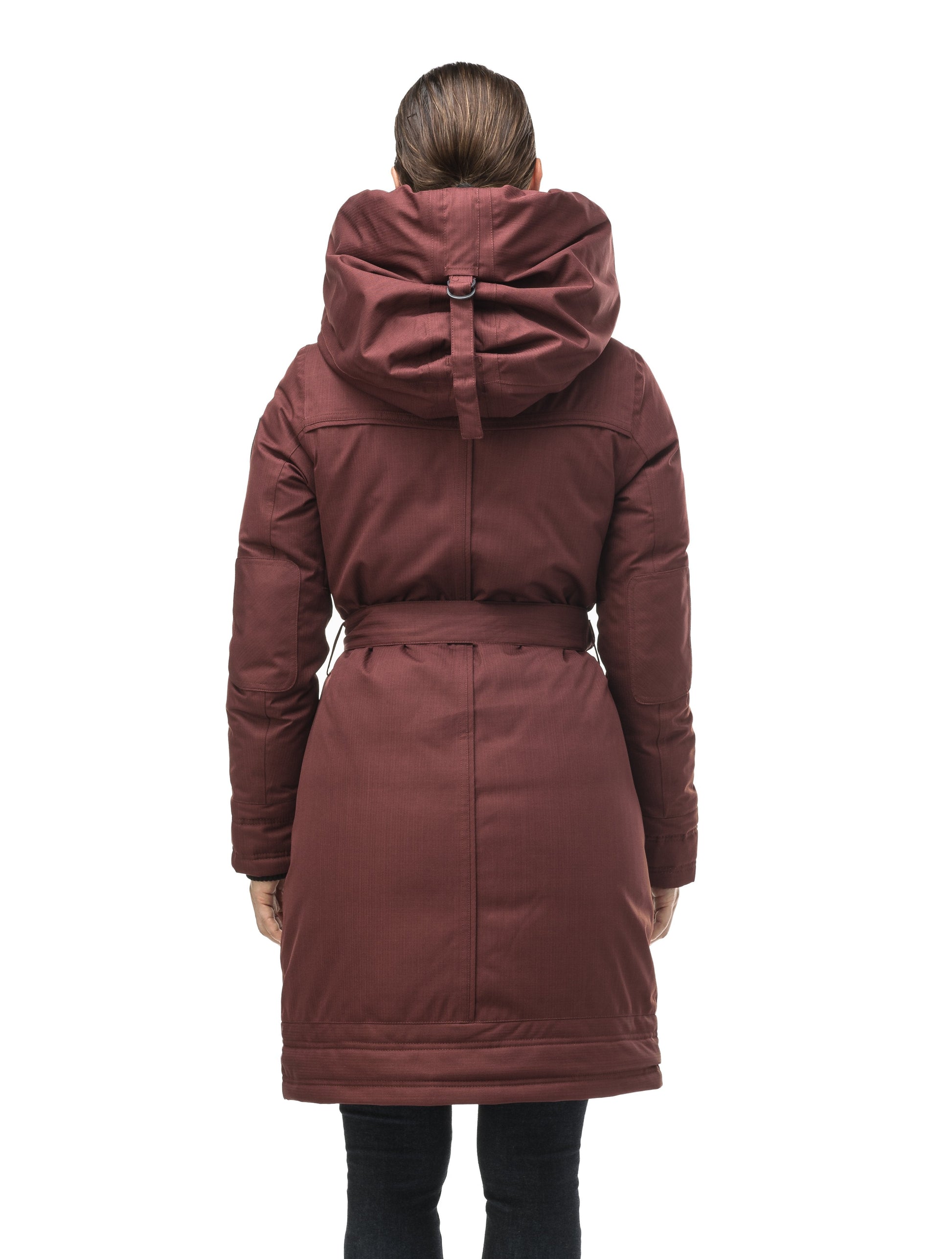 Women's Thigh length own parka with a furless oversized hood in CH Red Rum