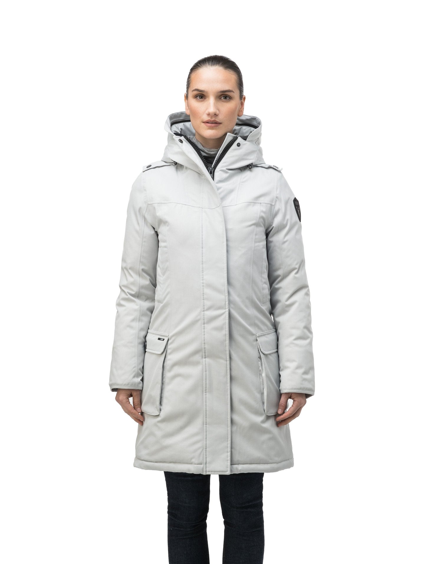 Women's knee length down filled parka with fur trim hood in CH Light Grey