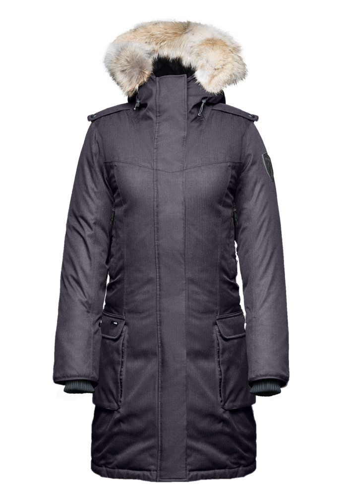 Women's knee length down filled parka with fur trim hood in CH Purple