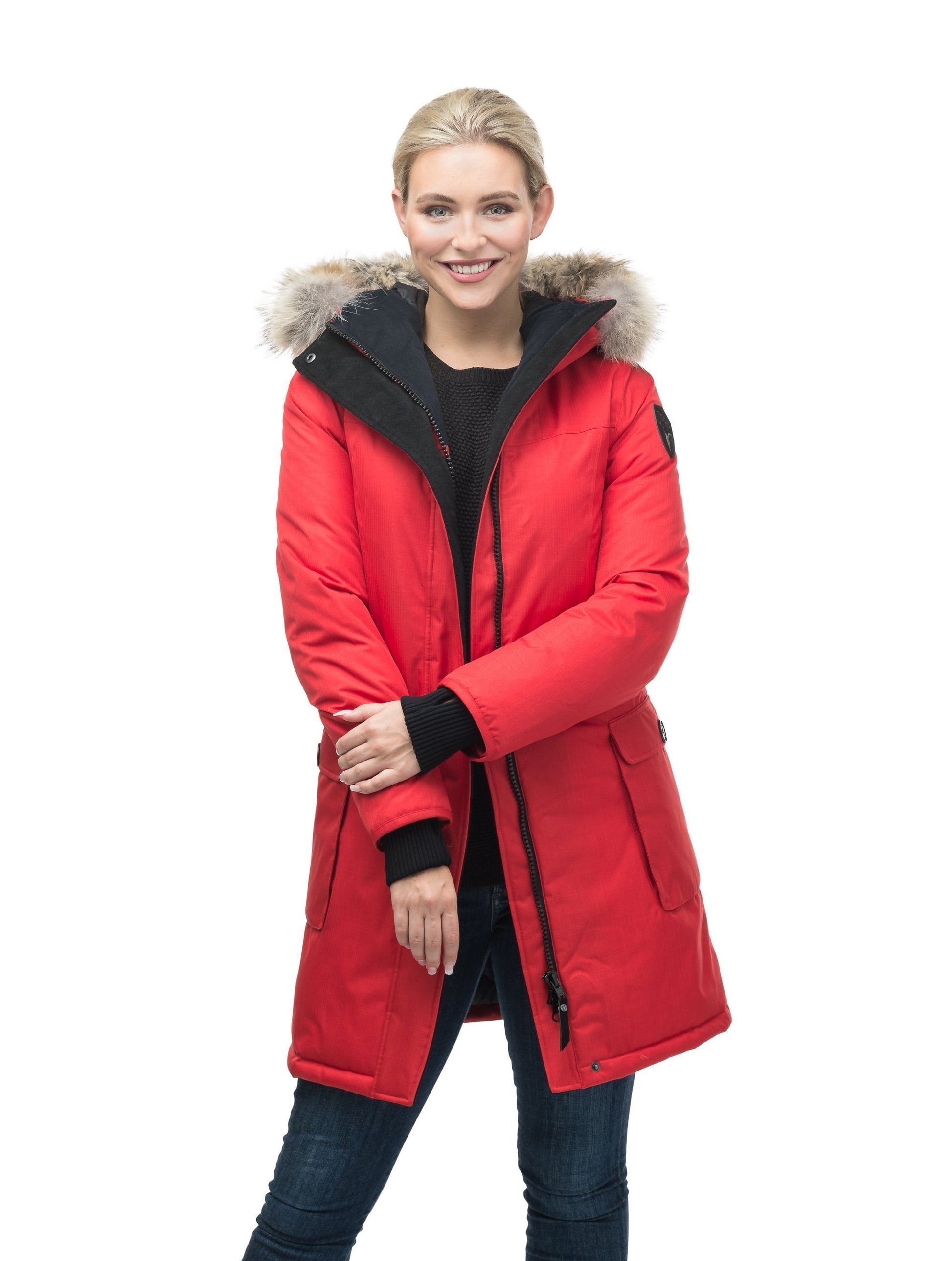 Women's knee length down filled parka with fur trim hood in Red