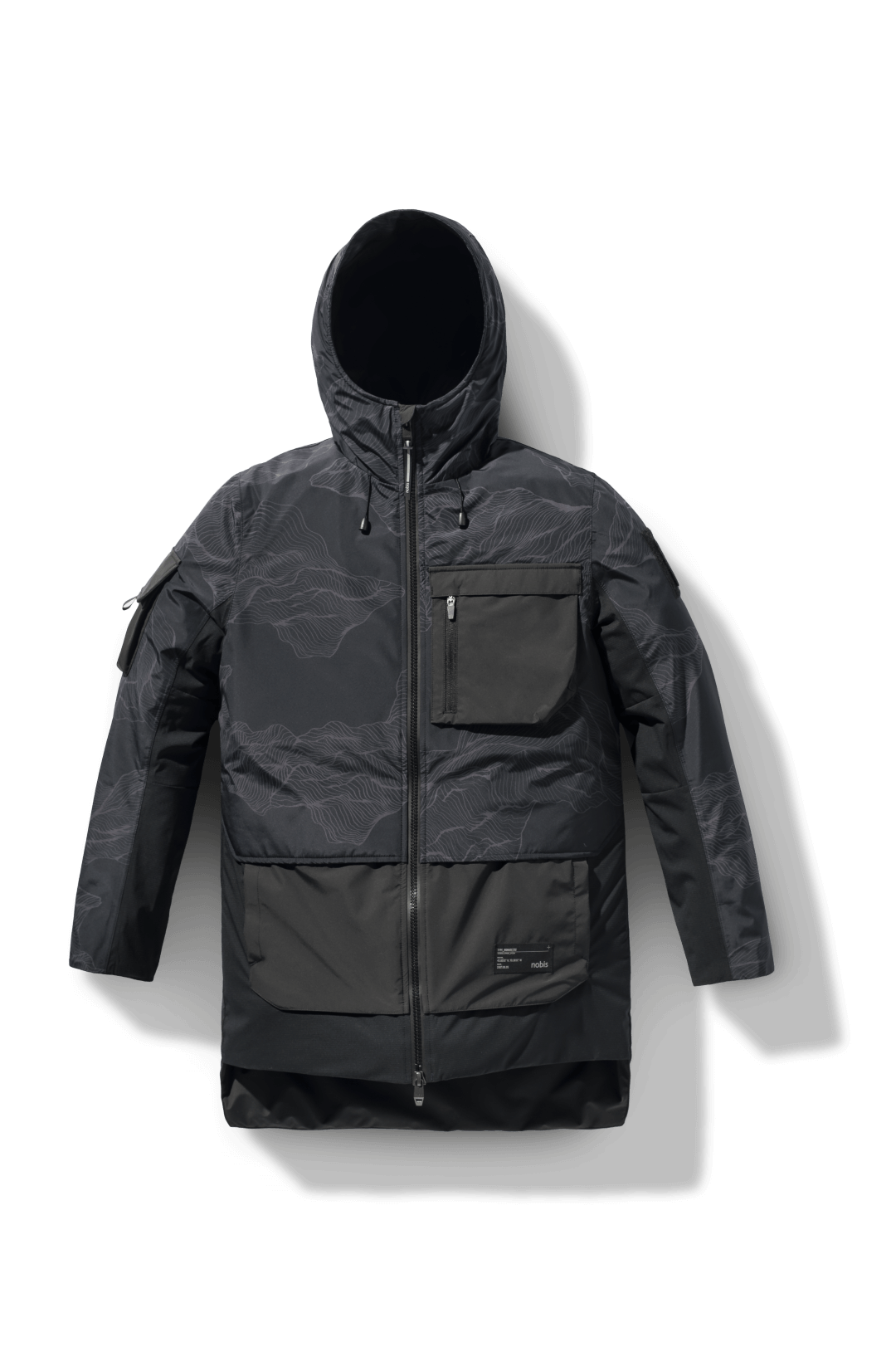 Alta Men's Performance Shell Jacket in hip length, Primaloft Gold Insulation Active+, chest and waist pockets, ventilation under arms, reflective detailing on hood and back, two-way front zipper, and non-removable hood with adjustable drawstrings, in Dark Desert