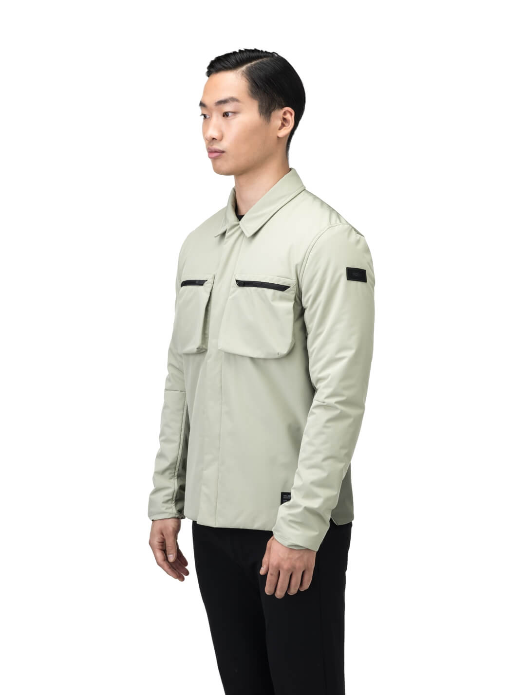 Ander Men's Mid Layer Shirt in hip length, PrimaLoft Gold Insulation Active+, 3-Ply Micro Denier front and 4-Way Durable Stretch Weave back, zipper chest pockets, snap button wind flap, and snap button cuffs, in Tea/Clover