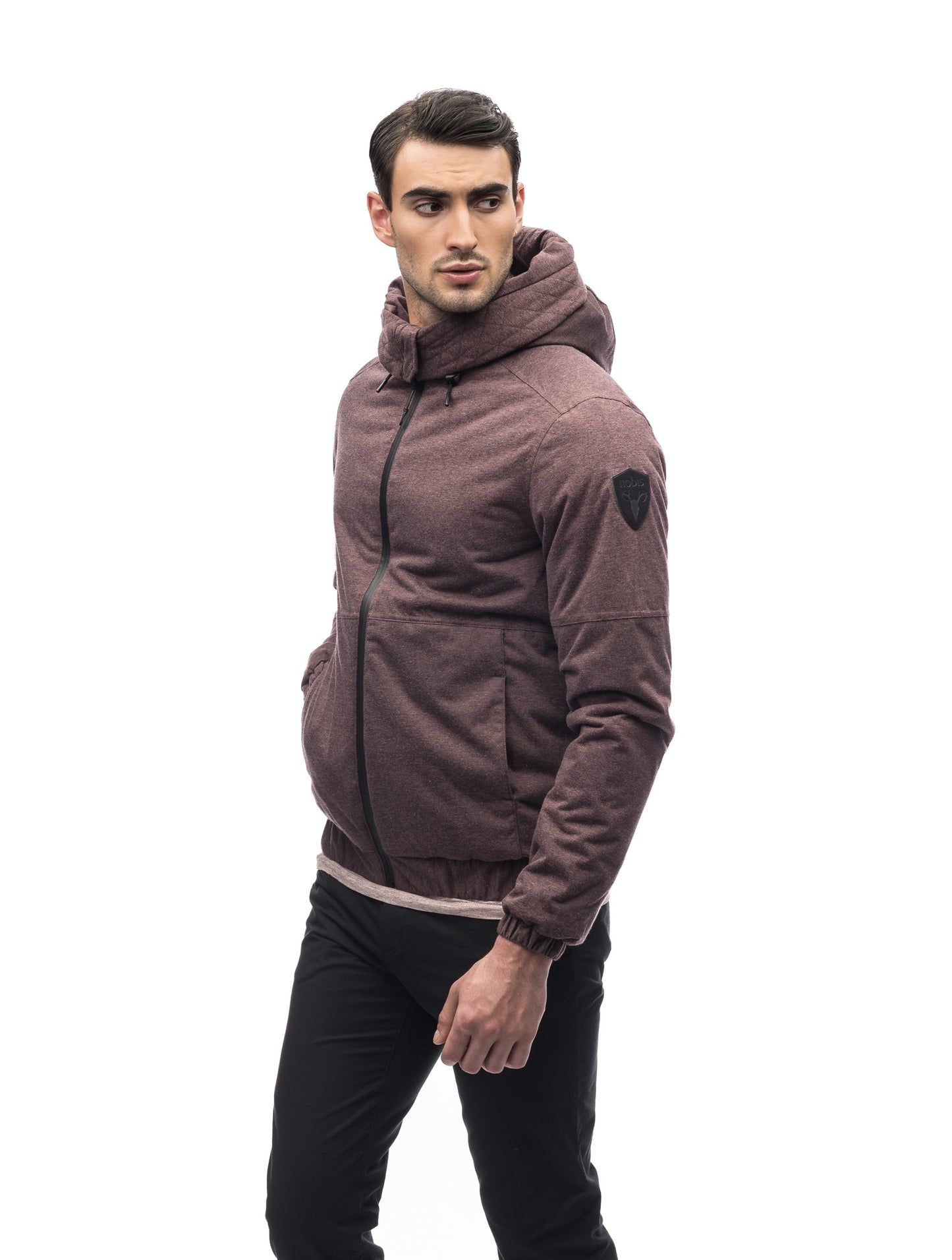 Men's lightweight down filled jersey hoodie that's windproof, waterproof and breathable in Maroon