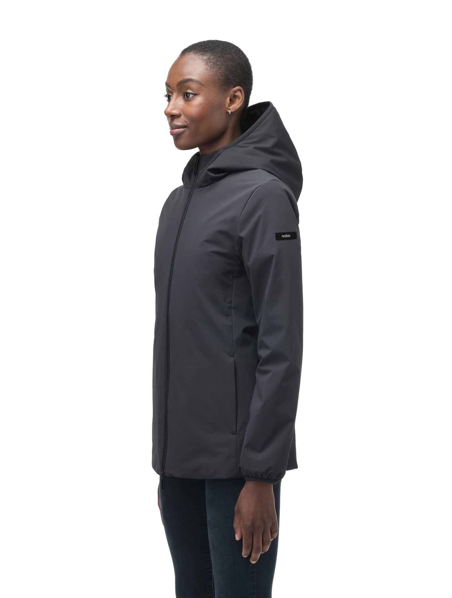 Ladies hip length mid layer jacket with non-removable hood and two-way zipper in Black