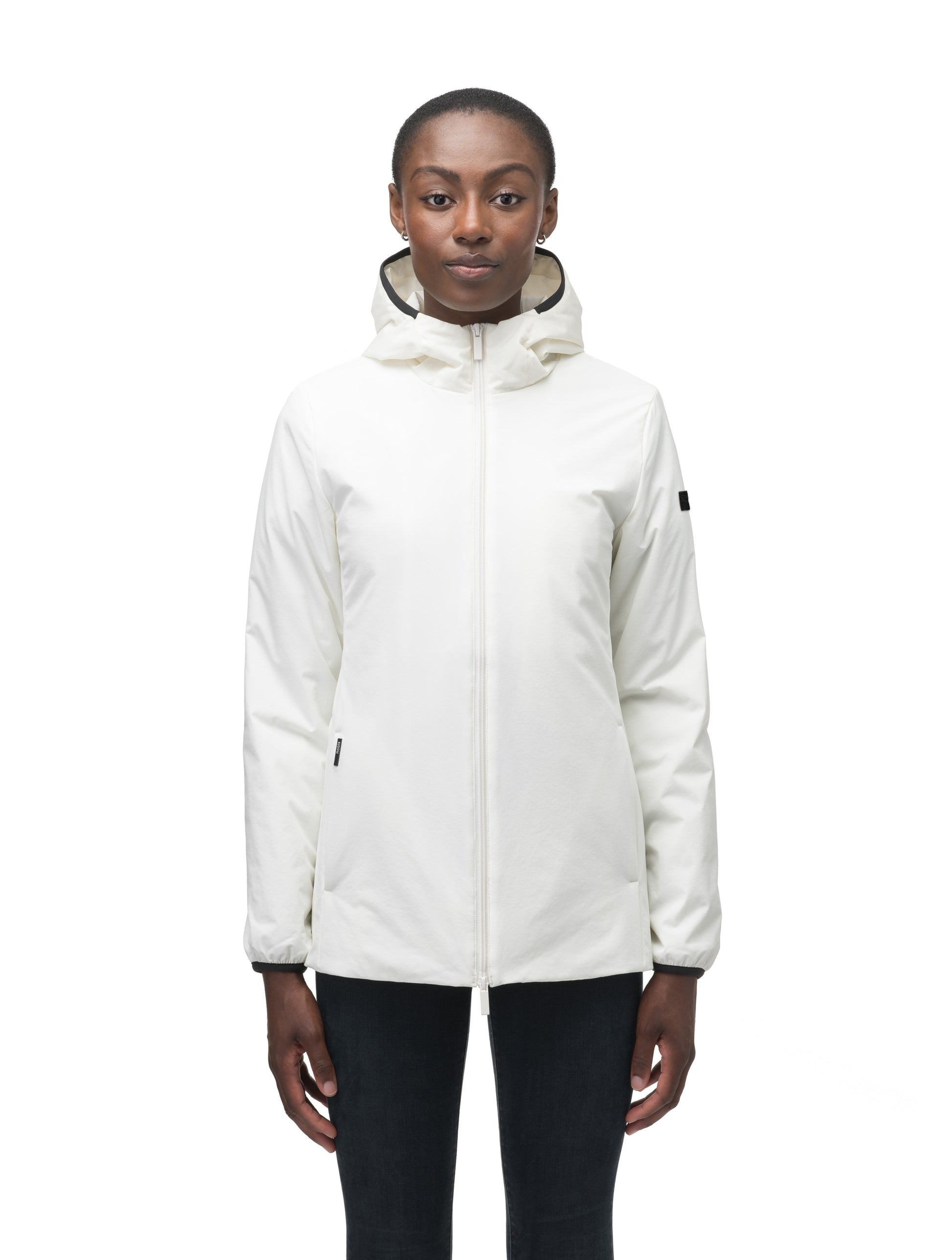 Ladies hip length mid layer jacket with non-removable hood and two-way zipper in Chalk