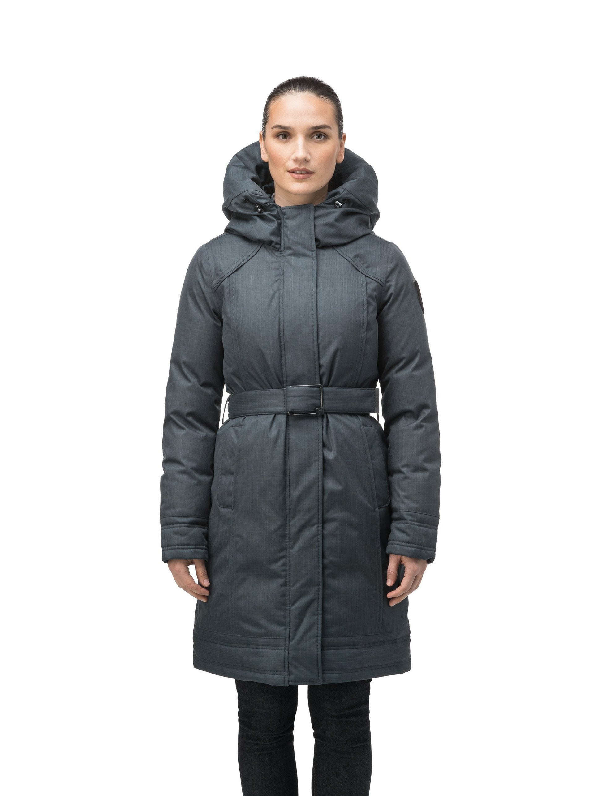 Women's Thigh length own parka with a furless oversized hood in CH Balsam