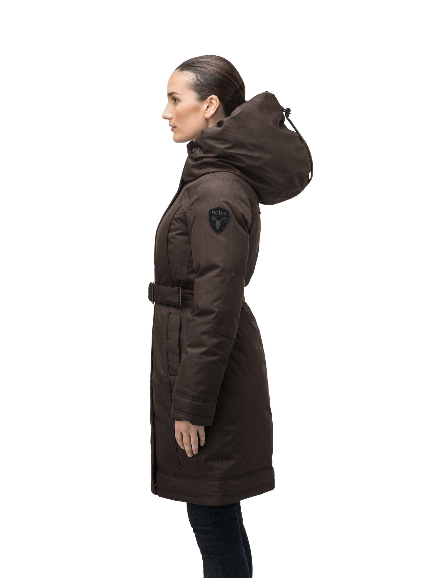 Women's Thigh length own parka with a furless oversized hood in CH Brown