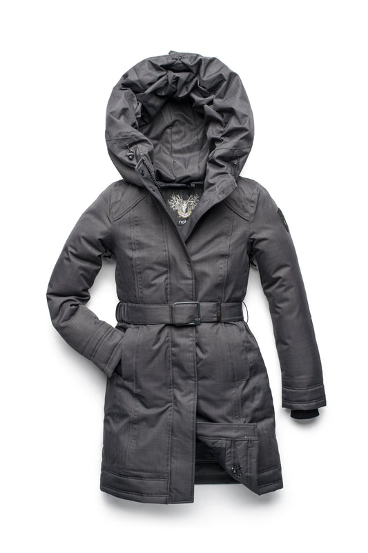 Women's Thigh length own parka with a furless oversized hood in CH Steel Grey