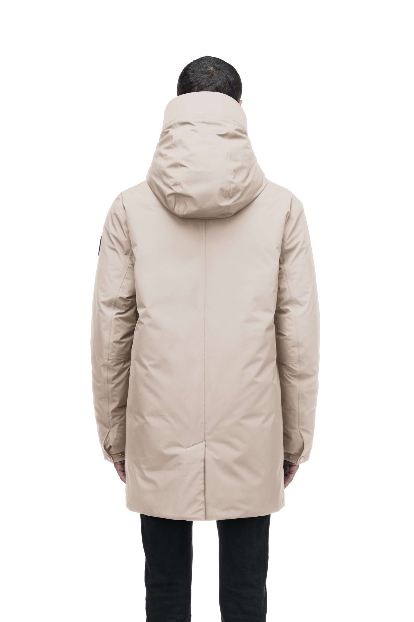 Atlas Men's Performance Parka in thigh length, Canadian duck down insulation, removable hood, and two-way zipper, in Clay