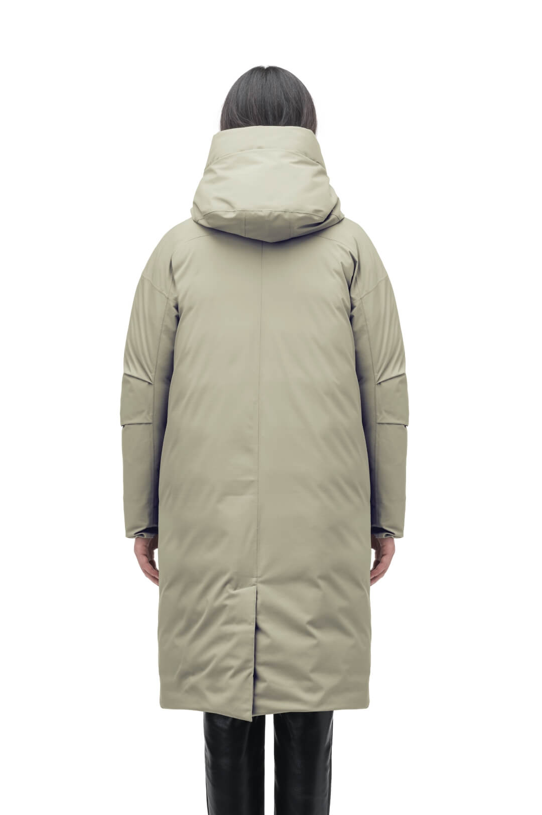 Axis Ladies Oversized Coat in knee length, Canadian duck down insulation, and two-way front zipper, in Tea