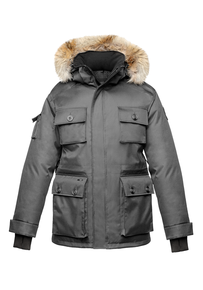 Men's down filled parka with four patch pockets and an adjustable waist with removable hood and removable fur trim in CH Steel Grey