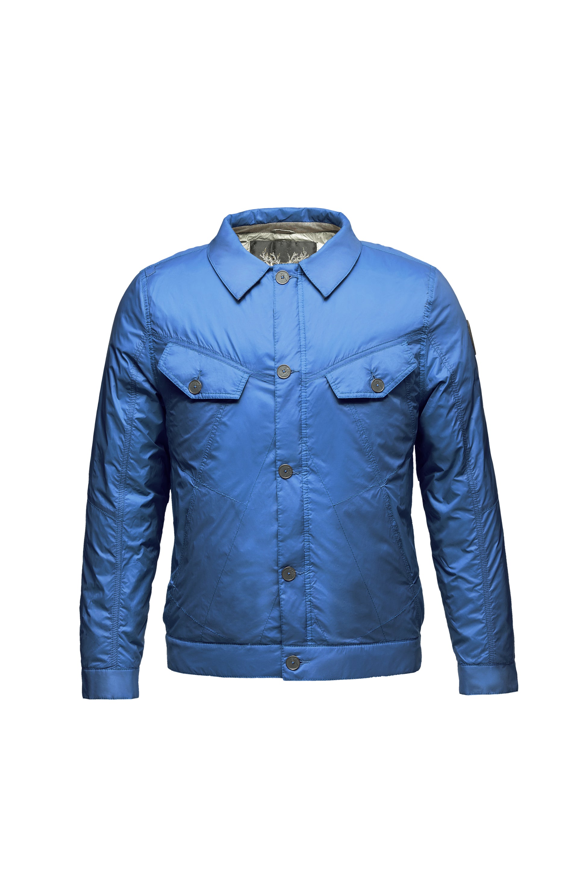 Men's hip length down-filled shirt jacket in Denim Blue