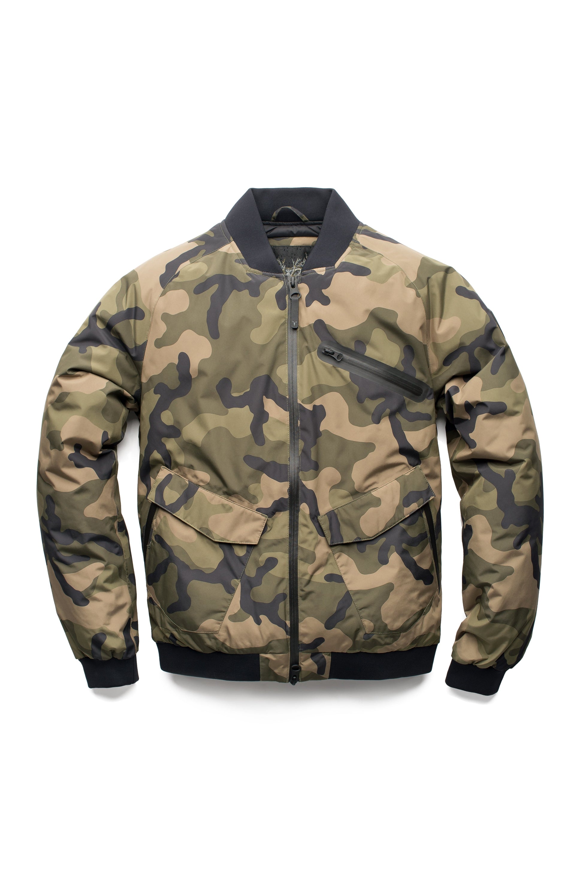 Men's classic crew neck lightweight down filled bomber with exposed zipper in Camo