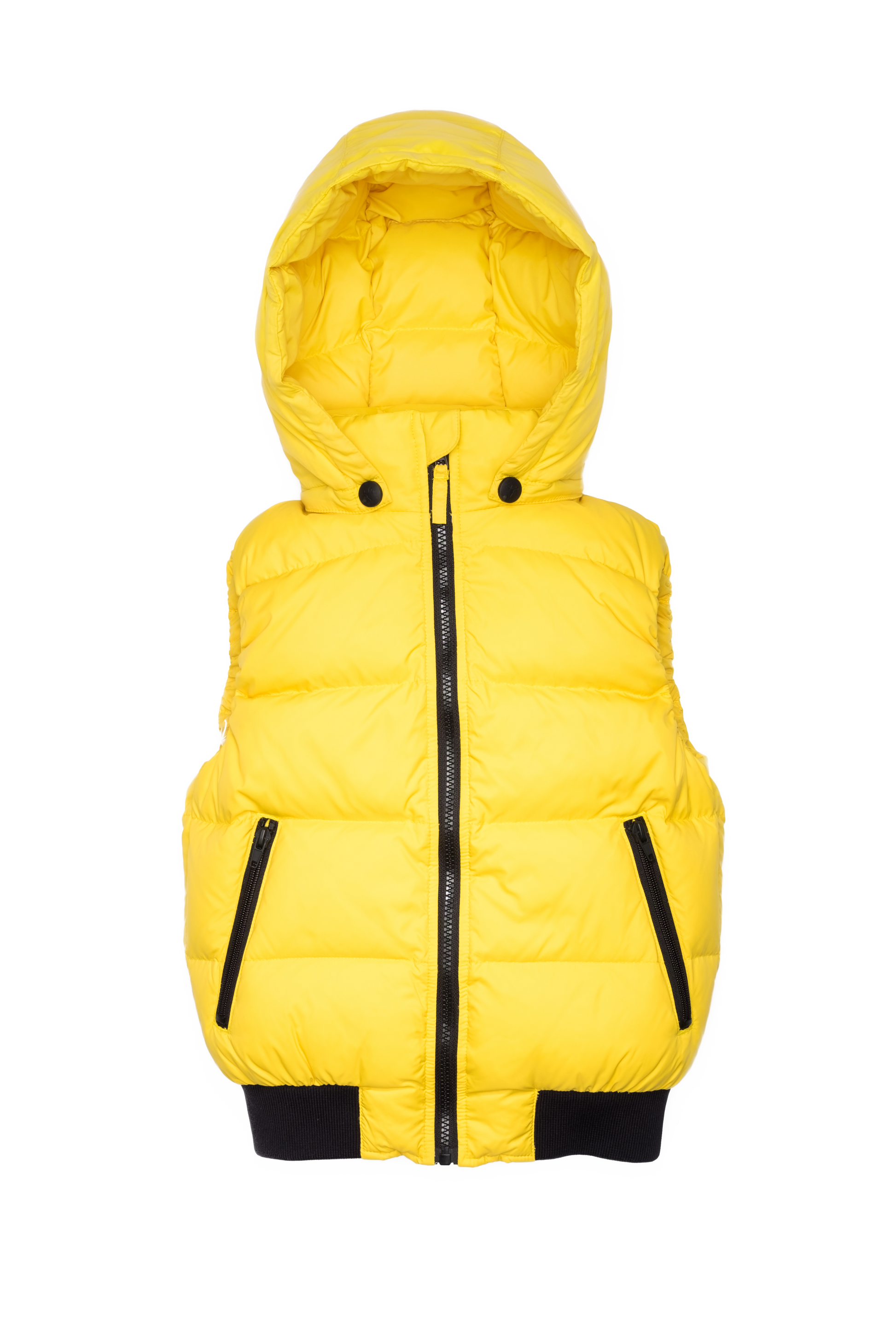 Sleeveless down filled kids vest with a hood and contrast zipper details in yellow Citron and Navy