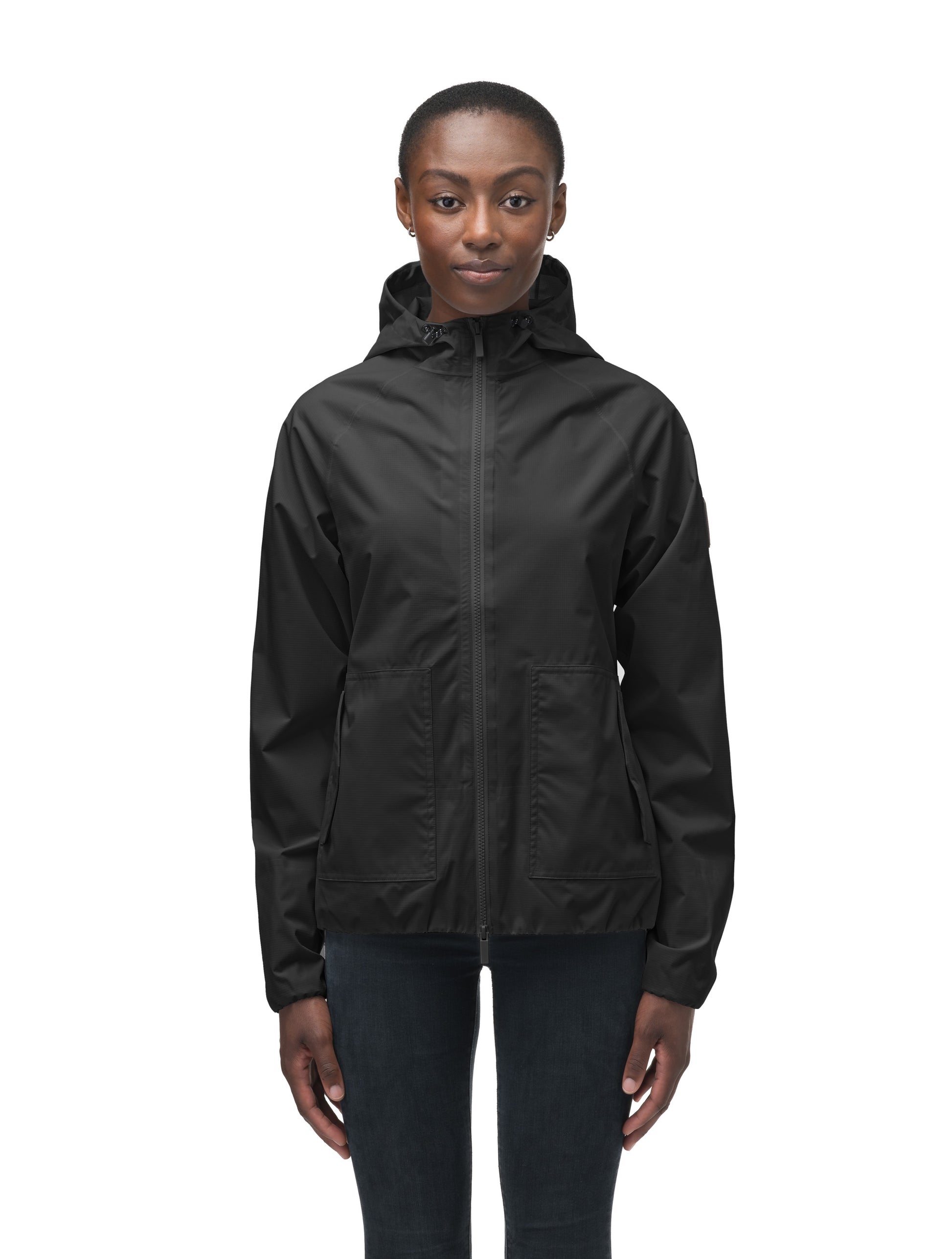 Women's hip length waterproof jacket with non-removable hood and two-way zipper in Black