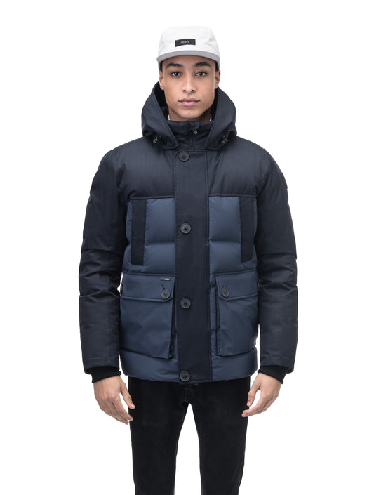Cardinal Men's Puffer Parka in hip length, Canadian duck down insulation, removable hood, quilted body, and two-way front zipper, in Navy