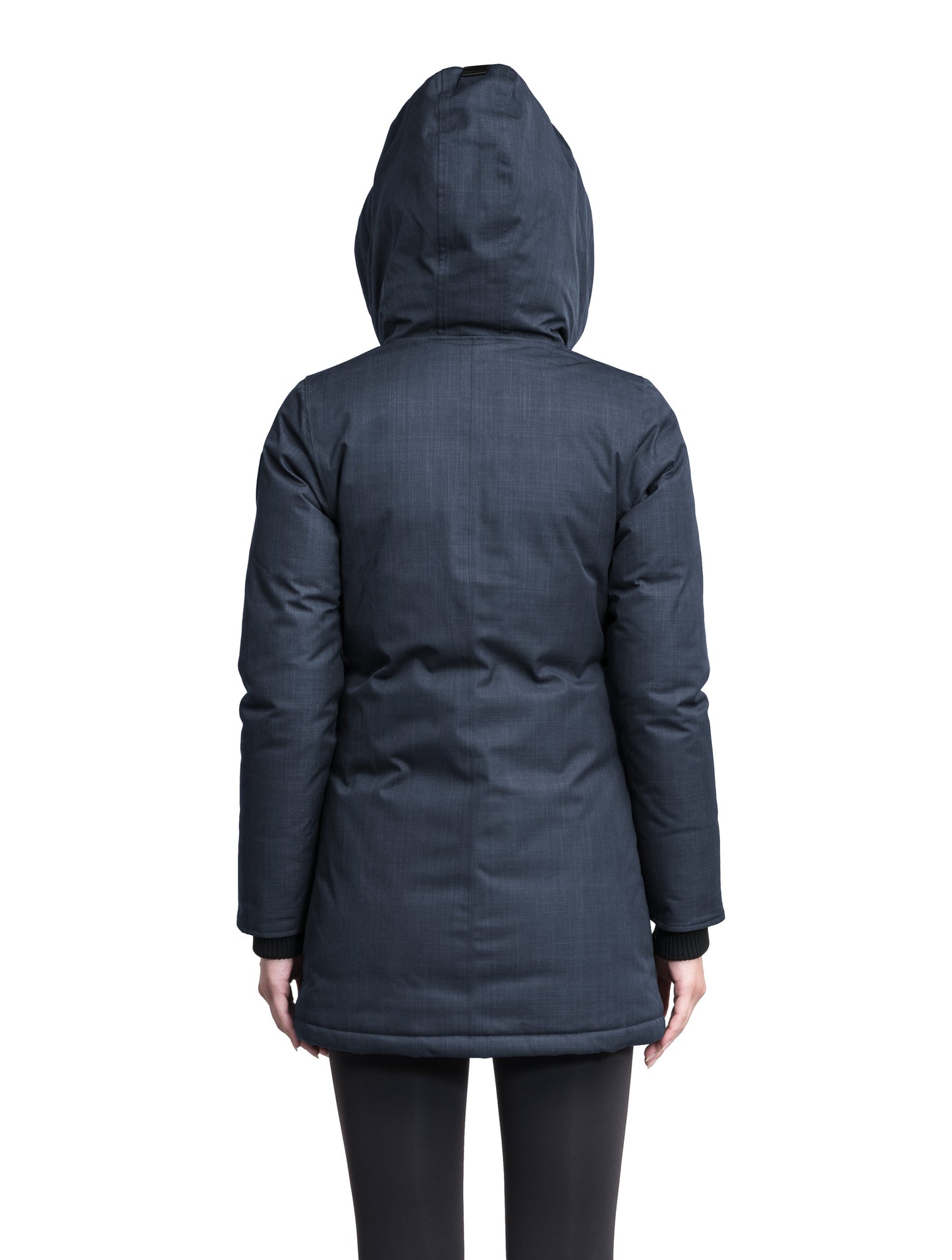 Carla Furless Ladies Parka in thigh length with Canadian Premium White Duck Down insulation, non-removable hood, centre-front zipper with magnetic closure wind flap, and four exterior pockets, in Navy