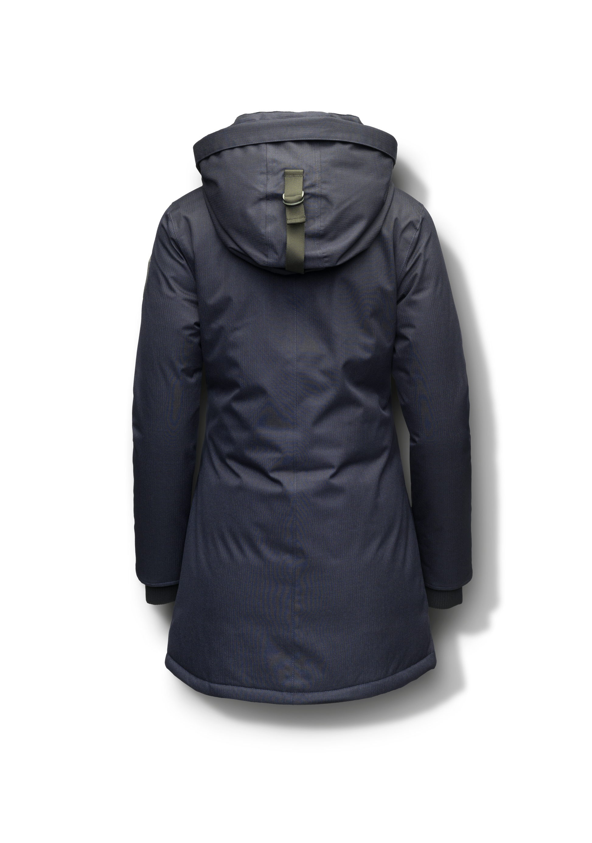 Carla Furless Ladies Parka in thigh length with Canadian Premium White Duck Down insulation, non-removable hood, centre-front zipper with magnetic closure wind flap, and four exterior pockets, in Navy