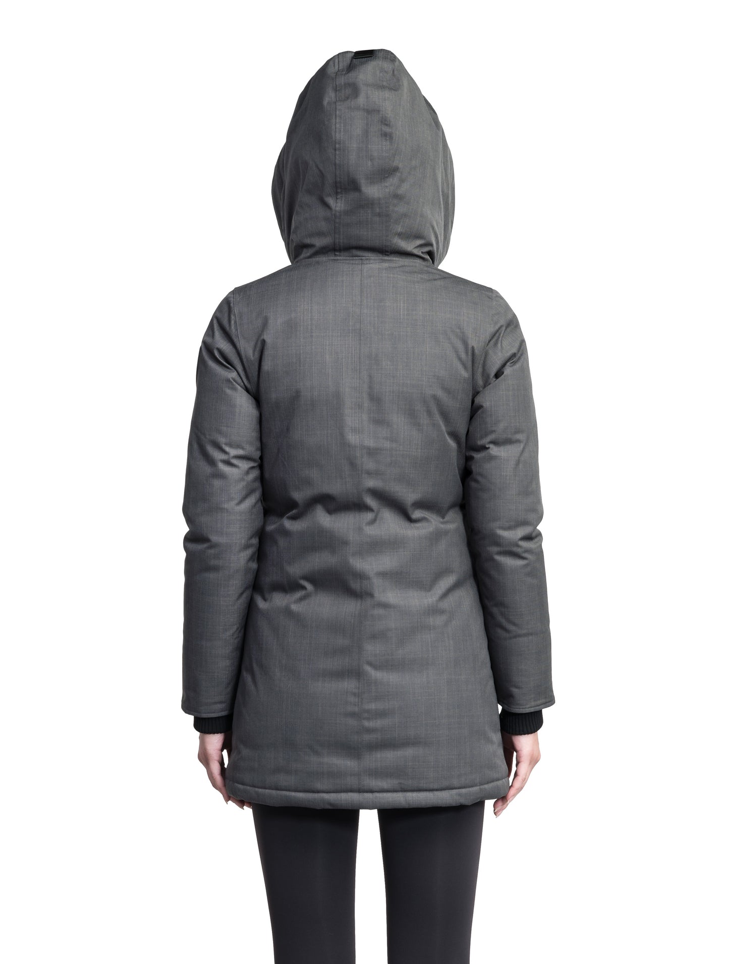 Carla Furless Ladies Parka in thigh length with Canadian Premium White Duck Down insulation, non-removable hood, centre-front zipper with magnetic closure wind flap, and four exterior pockets, in Steel Grey