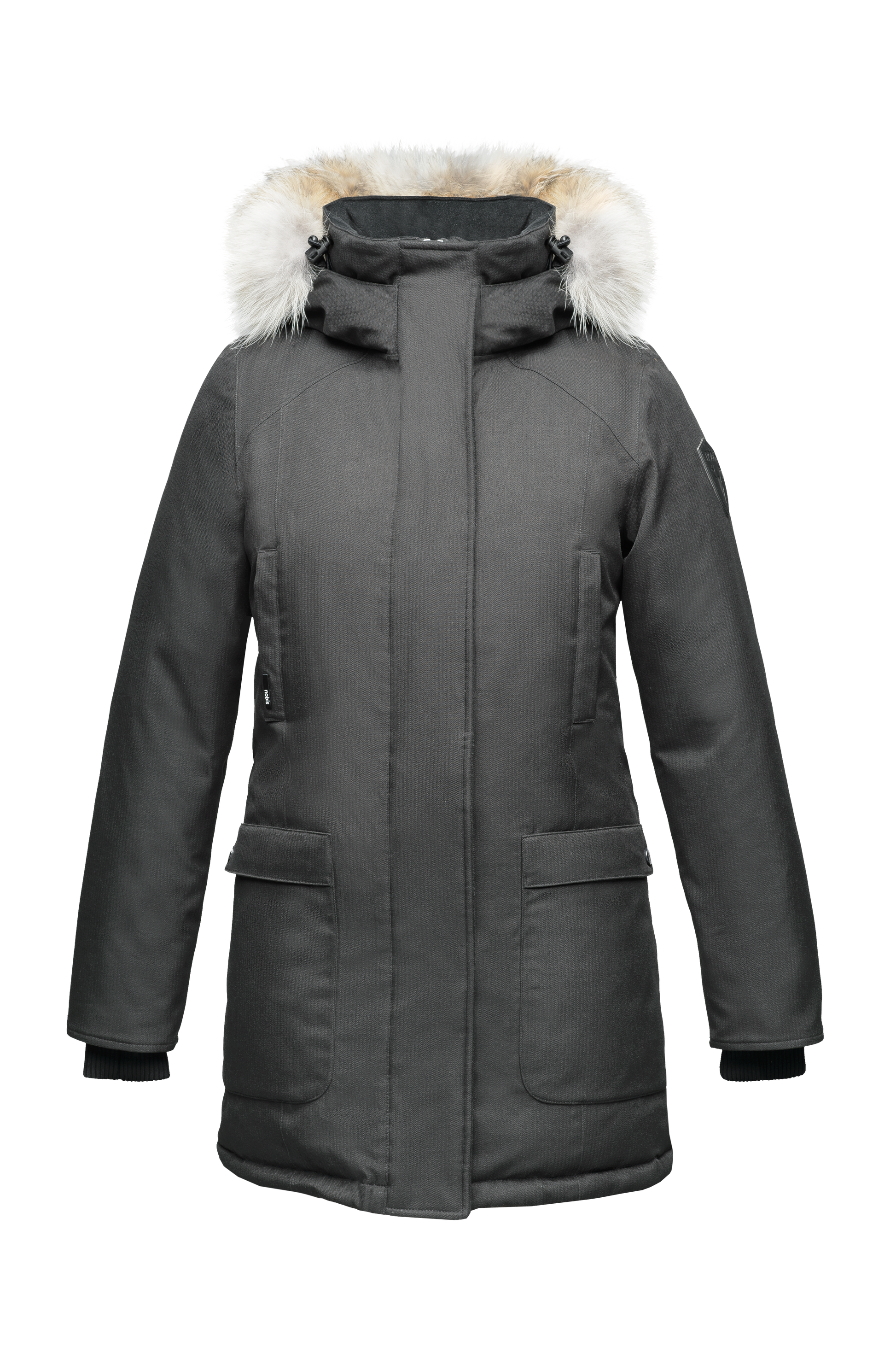 Women's down filled parka that sits just below the hip with a clean look and two hip patch pockets in CH Steel Grey