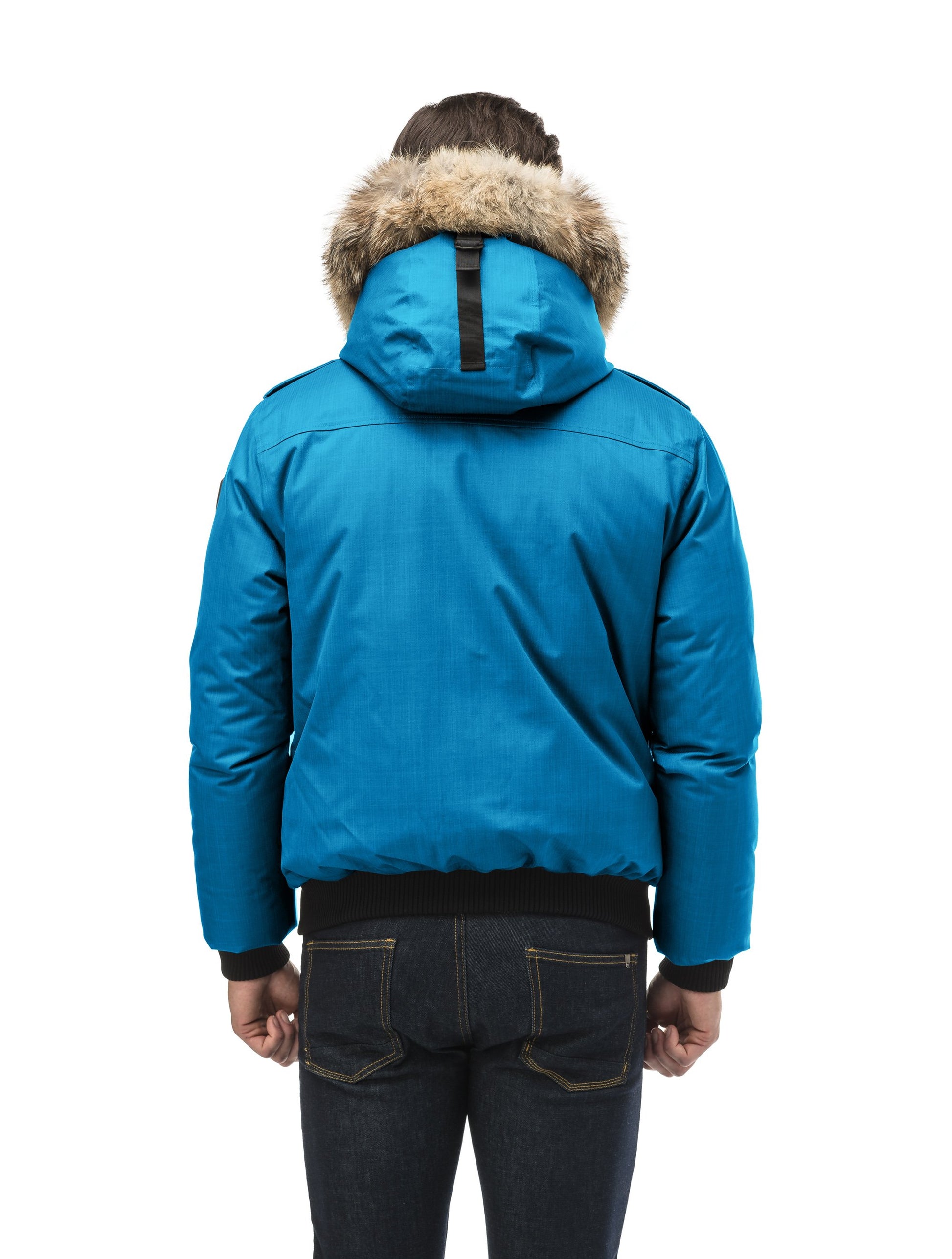 Men's down filled bomber that sits just above the hips with a completely removable hood that's windproof, waterproof, and breathable in Sea Blue