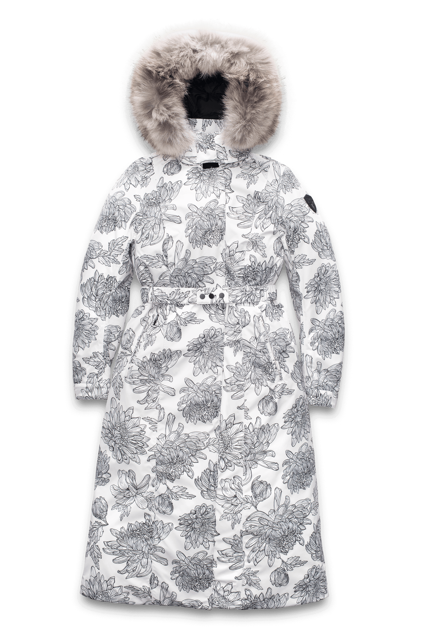 Celest Ladies Duster Parka in knee length, Canadian duck down insulation, removable hood and coyote fur trim, with adjustable belt, in White Floral