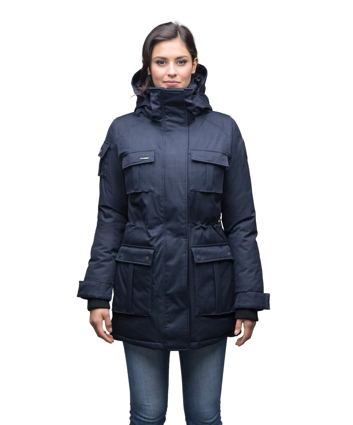 Women's down filled thigh length parka with four pleated patch pockets and an adjustable waist in CH Navy