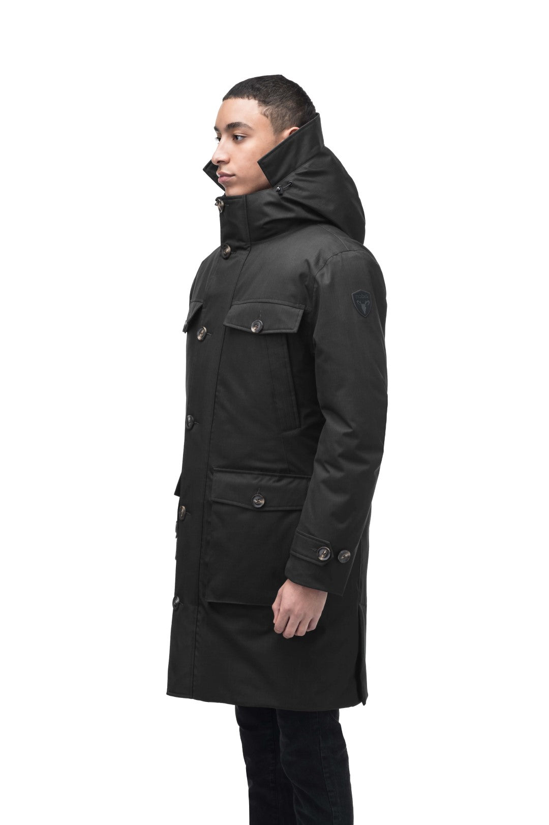 Citizen Men's Tailored Parka in knee length, Canadian duck down insulation, non-removable hood, and two-way zipper, in Black
