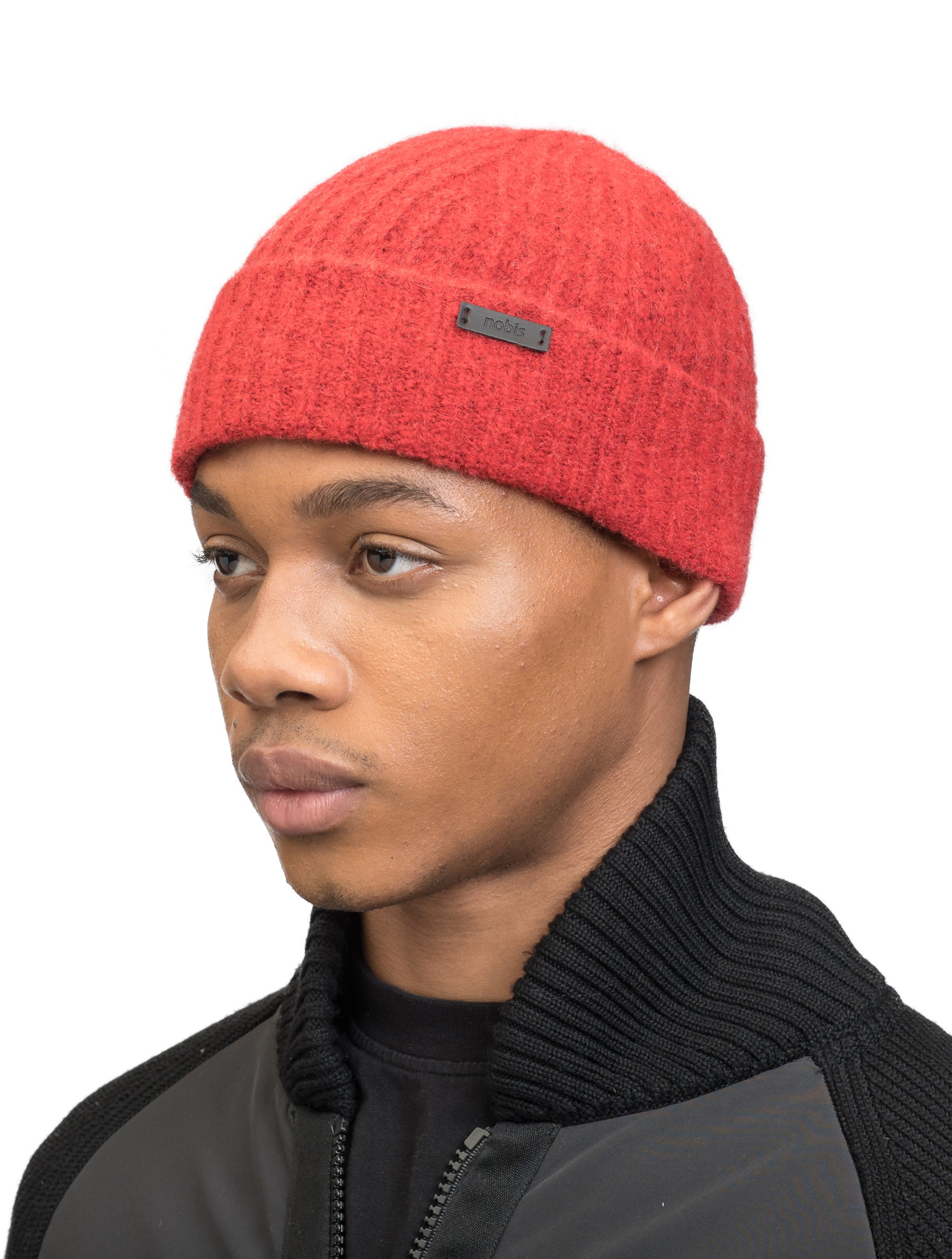 Dain Unisex Knit Watch Cap in superfine alpaca and merino wool, contrast colour knit along cuff, and Nobis embossed leather label at the cuff, in Vermillion