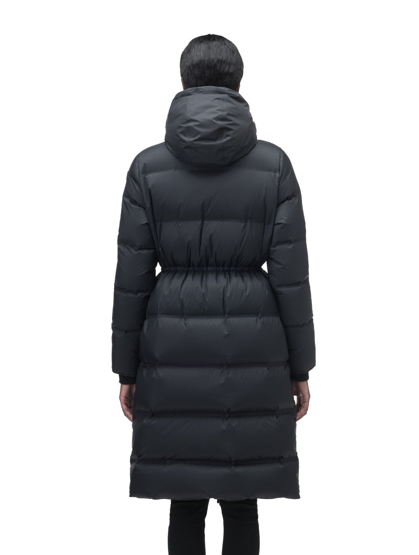 Women's knee length down filled hooded parka with adjustable waist in Black