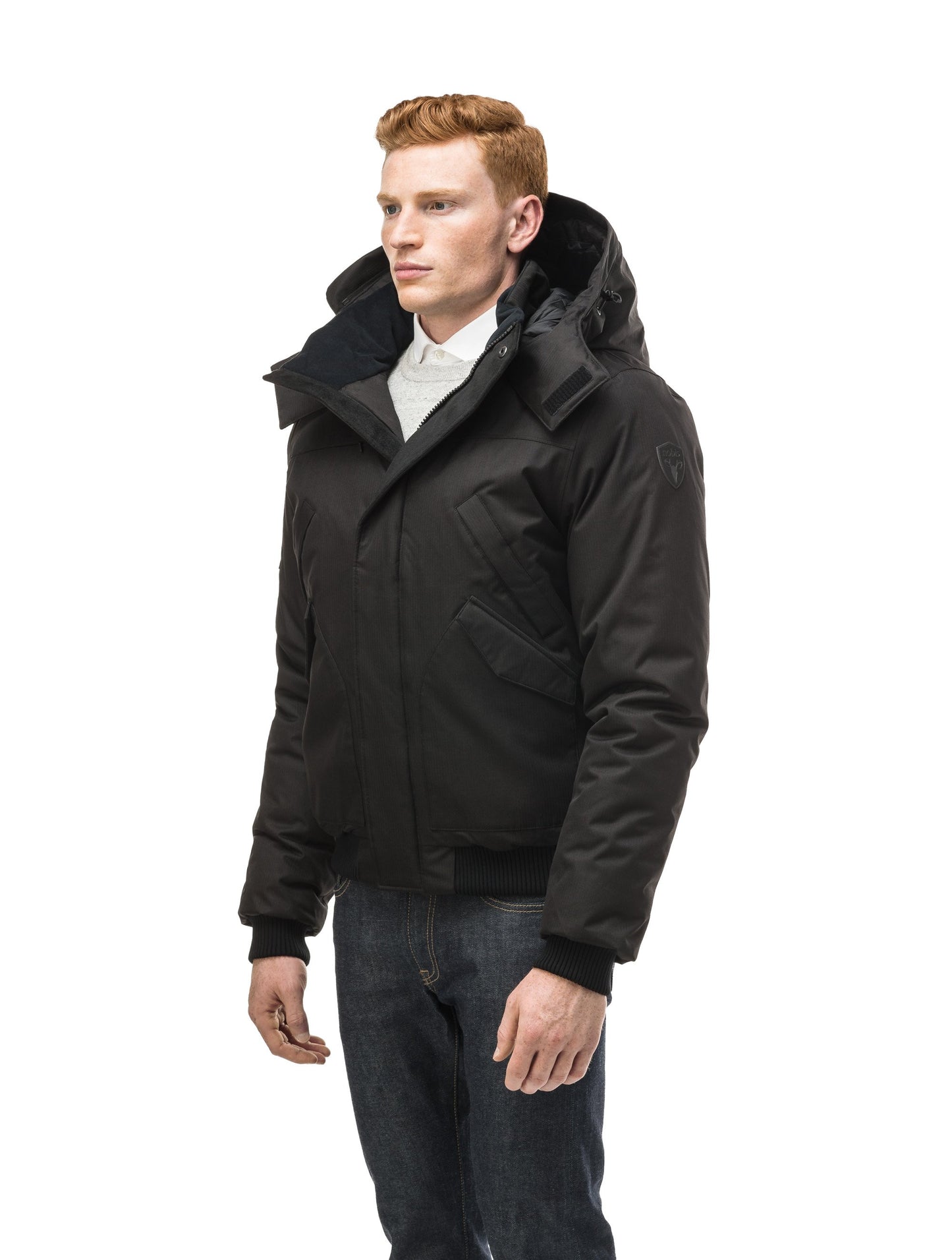 Men's classic down filled bomber jacket with a down filledÂ hood that features a removable coyote fur trim and concealed moldable framing wire in Black