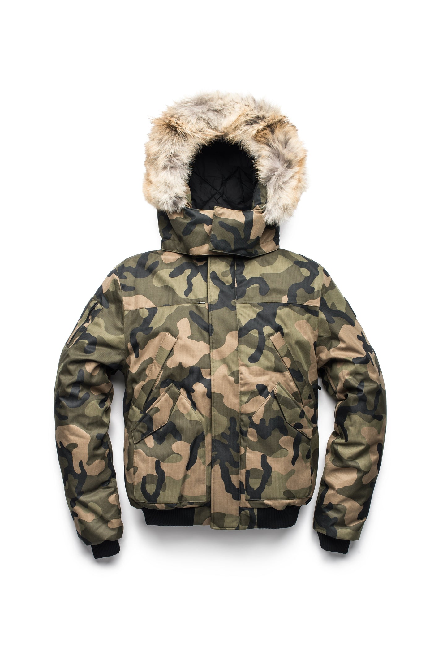 Men's classic down filled bomber jacket with a down filledÃƒâ€šÃ‚Â hood that features a removable coyote fur trim and concealed moldable framing wire in Camo