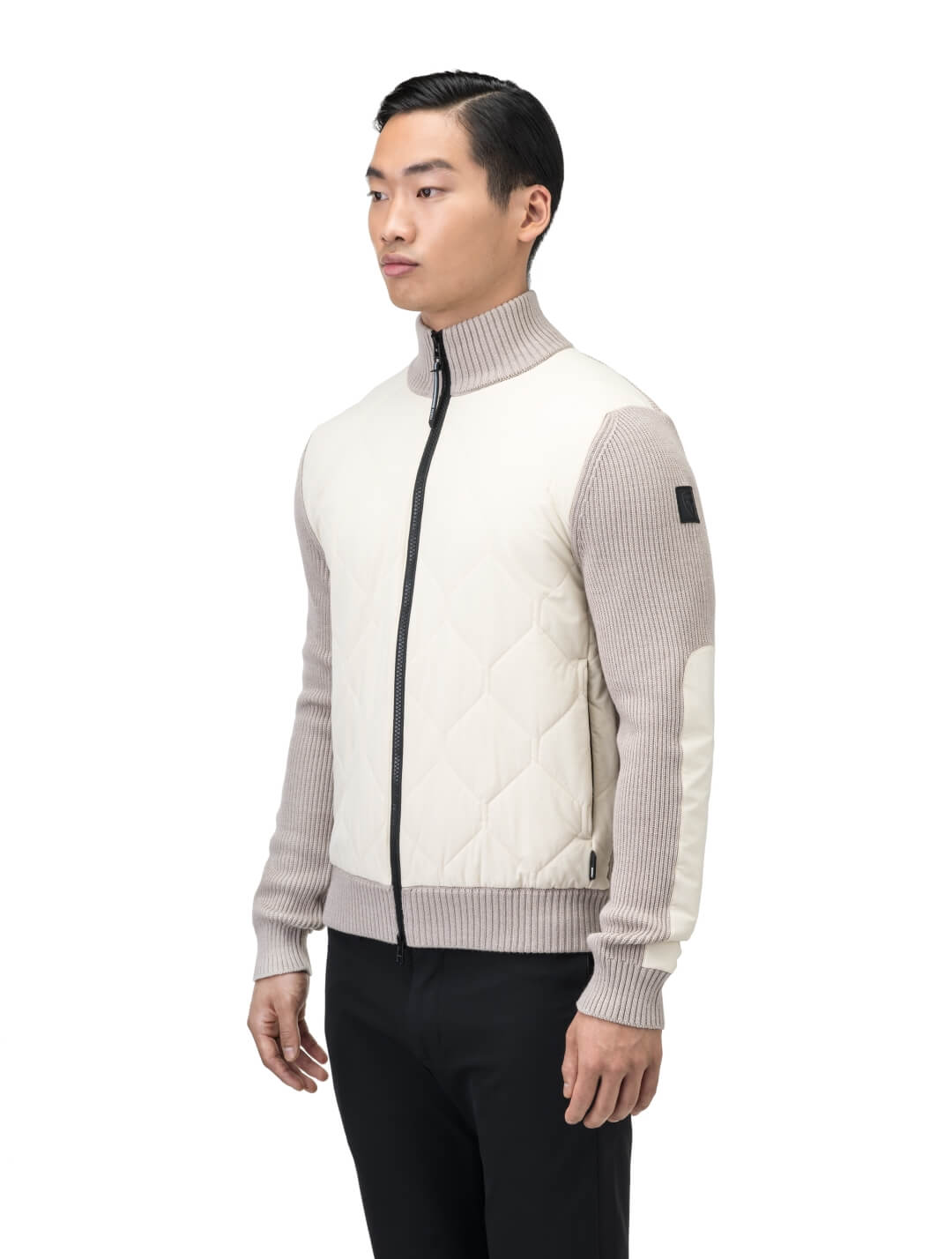 Ero Men's Tailored Hybrid Sweater in hip length, PrimaLoft Gold Insulation Active+, Durable 4-Way Stretch Weave quilted torso, Merino wool knit collar, sleeves, back, and cuffs, two-way front zipper, and hidden waist pockets, in Wheat